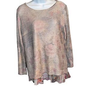 Sioni Women Knitted Long Sleeve Floral Blouse with Pleated Skirt Beneath Medium